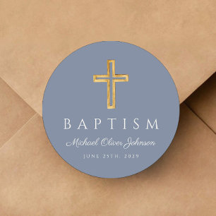 Religious Cross Dusty Blue Boy Baptism Classic Round Sticker