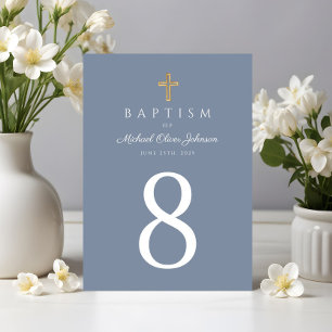 Religious Cross Dusty Blue Boy Baptism Table Number