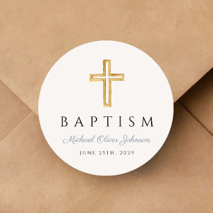 Religious Cross Dusty Blue Script Boy Baptism Classic Round Sticker