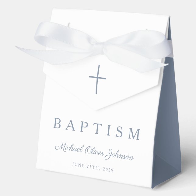 Religious Cross Dusty Blue Script Boy Baptism  Favour Box (Front)
