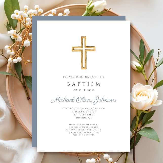 Religious Cross Dusty Blue Script Boy Baptism Invitation (Religious Cross Dusty Blue Script Boy Baptism Invitation)