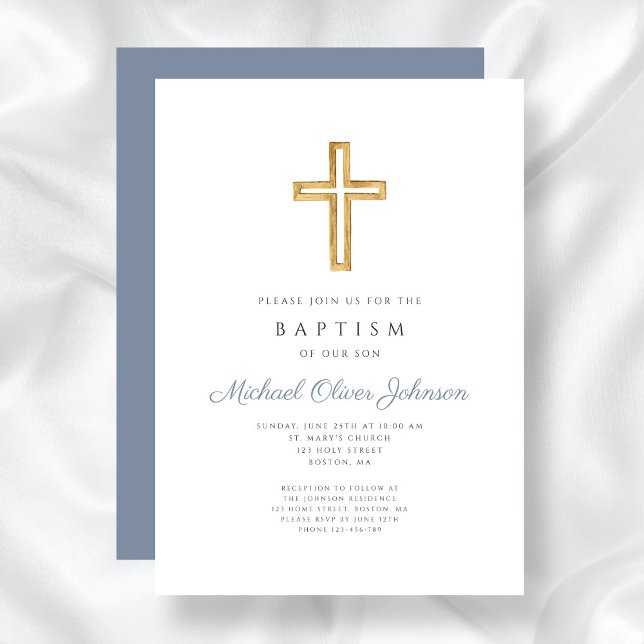Religious Cross Dusty Blue Script Boy Baptism Invitation (Religious Cross Dusty Blue Script Boy Baptism Invitation)