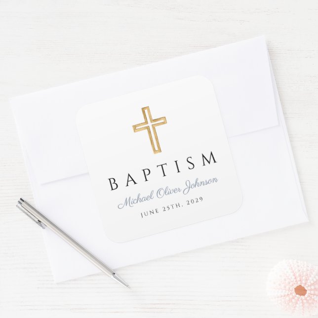 Religious Cross Dusty Blue Script Boy Baptism  Square Sticker (Envelope)