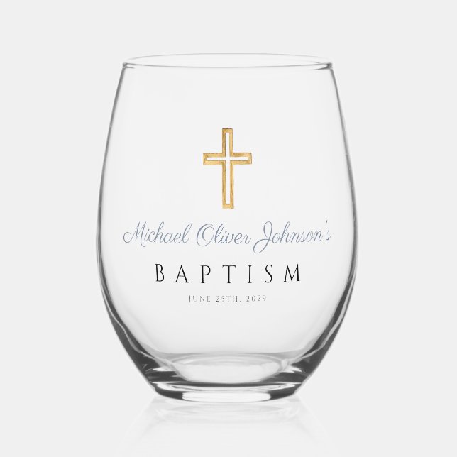 Religious Cross Dusty Blue Script Boy Baptism Stemless Wine Glass (Front)