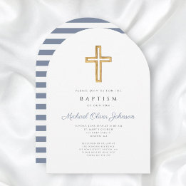 Religious Cross Dusty Blue Stripe Boy Baptism Arch Invitation