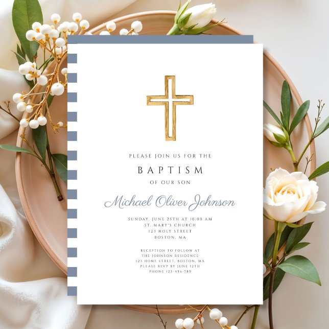 Religious Cross Dusty Blue Stripes Boy Baptism Invitation (Religious Cross Dusty Blue Stripes Boy Baptism Invitation)