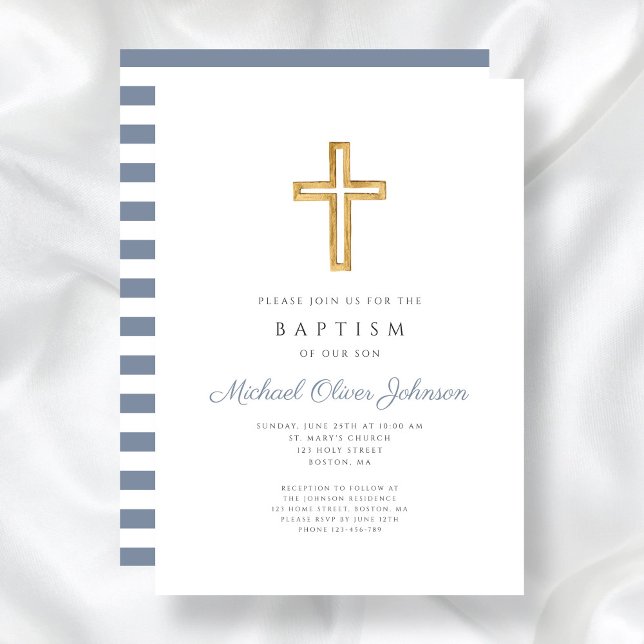 Religious Cross Dusty Blue Stripes Boy Baptism Invitation (Religious Cross Dusty Blue Stripes Boy Baptism Invitation)