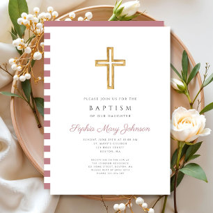Religious Cross Dusty Pink Stripes Girl Baptism Invitation