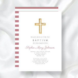 Religious Cross Dusty Pink Stripes Girl Baptism Invitation