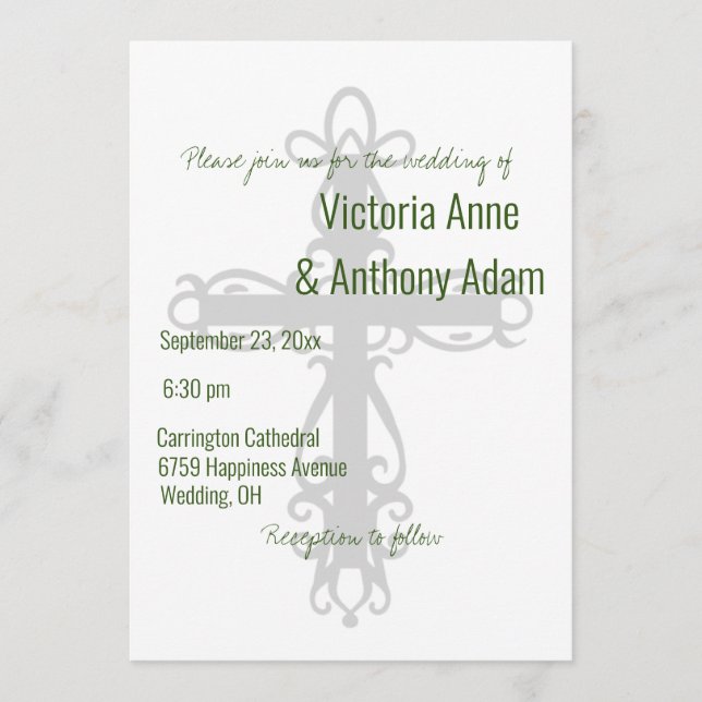 Religious Cross Elegant Christian Green Wedding Invitation (Front)
