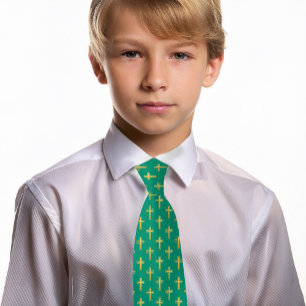 Religious Cross Emerald Green Faux Gold Communion Tie