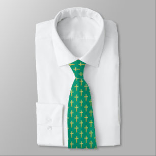 Religious Cross Emerald Green Faux Gold Communion Tie