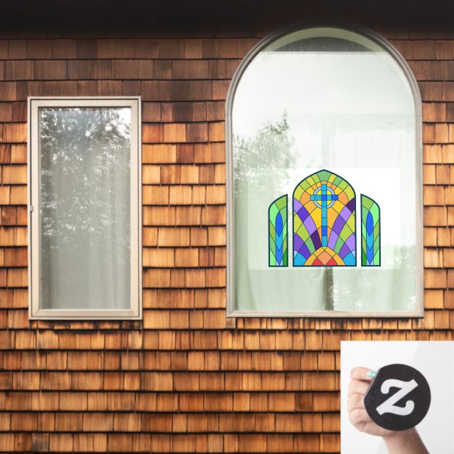 Religious Cross Faux Stained Glass Decorative Window Cling (Home Window)