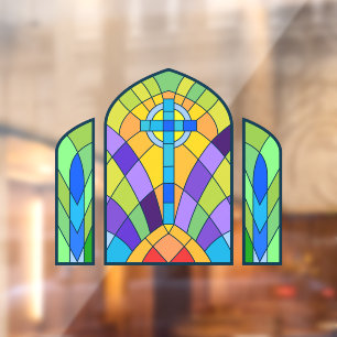 Religious Cross Faux Stained Glass Decorative Window Cling