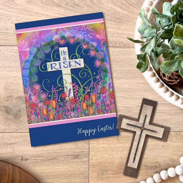 Religious Cross Floral Happy Easter He Is Risen Card (Creator Uploaded)