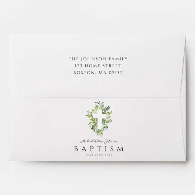 Religious Cross Green Botanical Baptism  Envelope (Back (Top Flap))