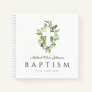 Religious Cross Green Botanical Baptism Guest Notebook