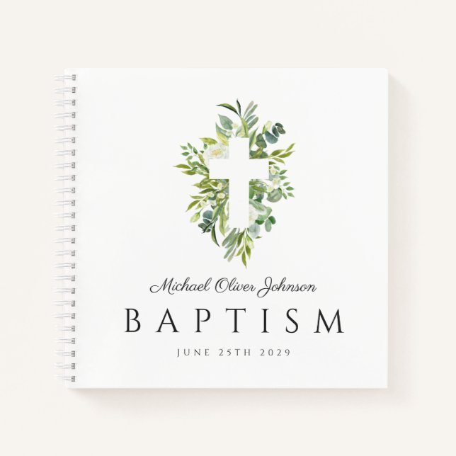 Religious Cross Green Botanical Baptism Guest Notebook (Front)