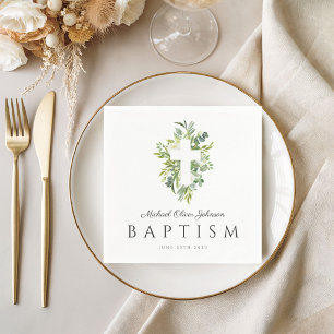 Religious Cross Green Botanical Baptism Napkin