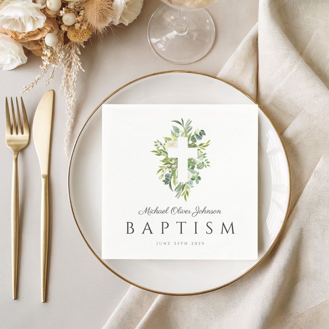 Religious Cross Green Botanical Baptism  Napkin (Religious Cross Green Botanical Baptism Napkins)