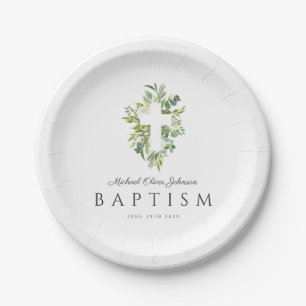 Religious Cross Green Botanical Baptism Paper Plate