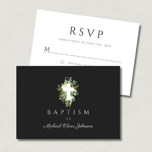 Religious Cross Green Botanical Baptism  RSVP Card