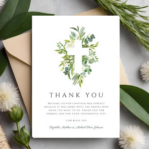 Religious Cross Green Botanical Baptism  Thank You Card