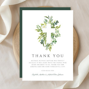Religious Cross Green Botanical Baptism  Thank You Card