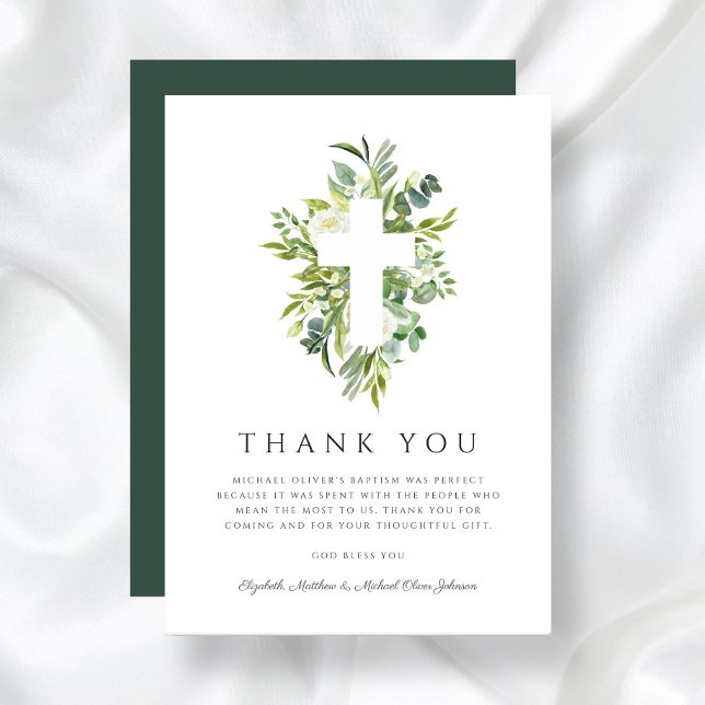 Religious Cross Green Botanical Baptism  Thank You Card (Religious Cross Green Botanical Baptism Thank You Card)