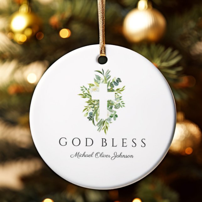Religious Cross Green Botanical God Bless Baptism Ceramic Tree Decoration (Creator Uploaded)