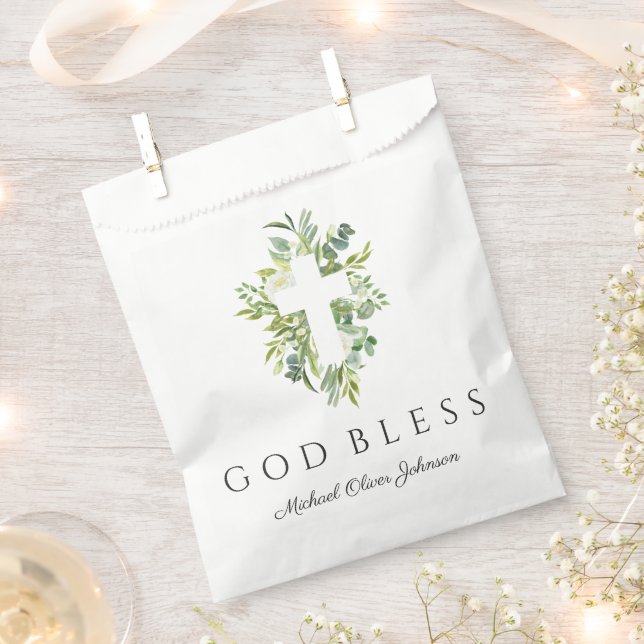 Religious Cross Green Botanical God Bless Baptism  Favour Bags (Clipped)