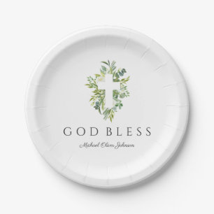Religious Cross Green Botanical God Bless Baptism Paper Plate