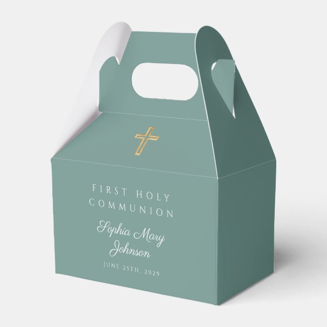Religious Cross Green Boy First Communion Favour Box (Front Side)