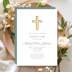 Religious Cross Green Script Boy Baptism Invitation