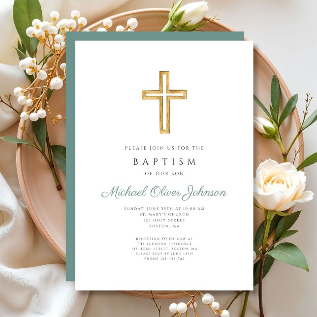 Religious Cross Green Script Boy Baptism Invitation (Religious Cross Green Script Boy Baptism Invitation)