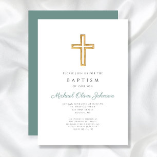 Religious Cross Green Script Boy Baptism Invitation