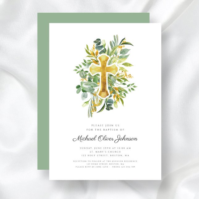 Religious Cross Greenery Botanical Baptism Invitation (Religious Cross Greenery Botanical Baptism Invitation)