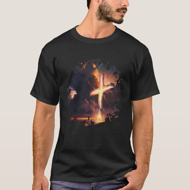 Religious Cross Lightning Strike Spiritual Easter  T-Shirt (Front)