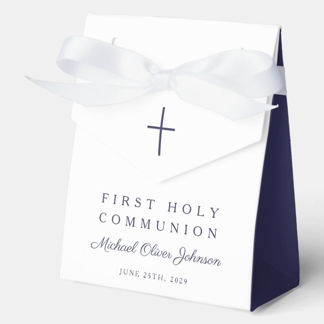 Religious Cross Navy Blue Boy First Communion Favour Box (Front)