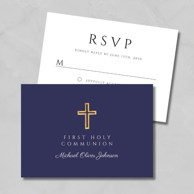 Religious Cross Navy Blue Boy First Communion  RSVP Card (Religious Cross Navy Blue Boy First Communion RSVP Card)