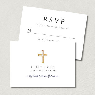 Religious Cross Navy Blue Boy First Communion RSVP Card