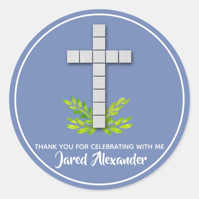 Religious Cross on Blue Grey Classic Round Sticker (Front)