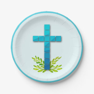 Religious Cross on Blue Paper Plate