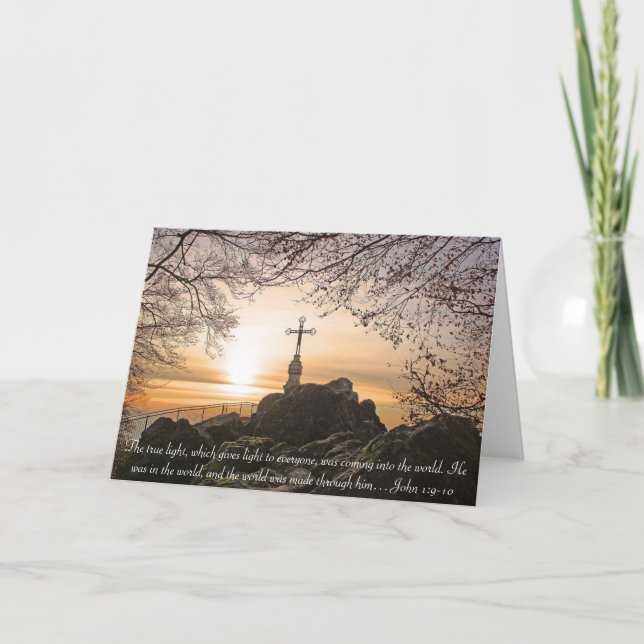 Religious Cross on the Mountain Bible Verse John Holiday Card (Front)