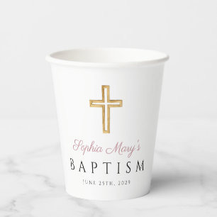 Religious Cross Pink Script Girl Baptism Paper Cups
