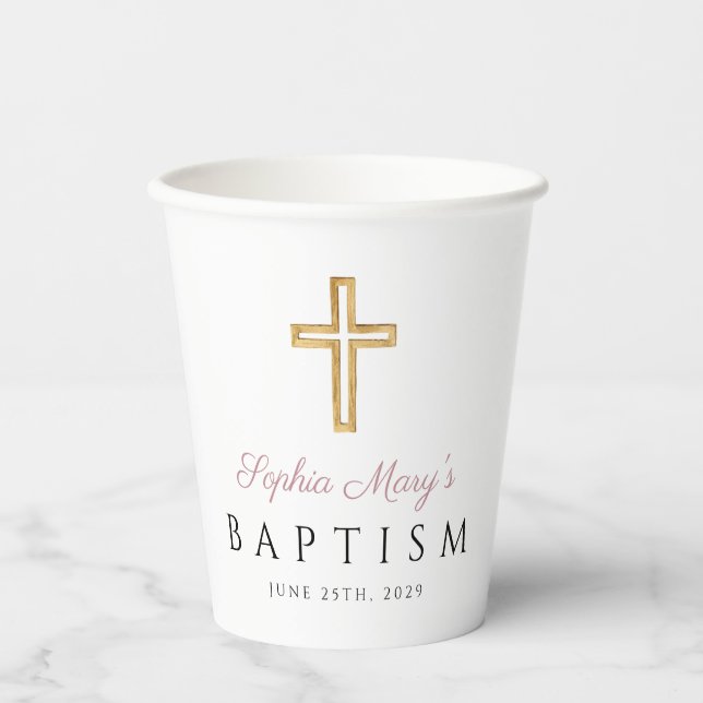 Religious Cross Pink Script Girl Baptism Paper Cups (Front)