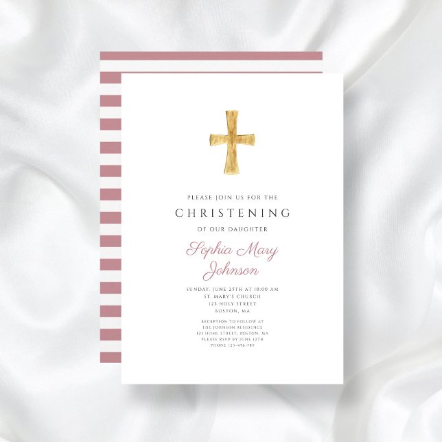 Religious Cross Pink Stripes Girl Christening      Invitation (Religious Cross Pink Stripes Girl Christening Invitation)