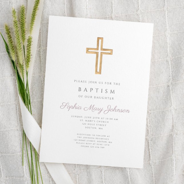 Religious Cross Purple Script Girl Baptism Invitation (Religious Cross Purple Script Girl Baptism Invitation)
