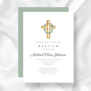 Religious Cross Sage Green Floral Wreath Baptism Invitation