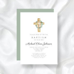 Religious Cross Sage Green Floral Wreath Baptism Invitation